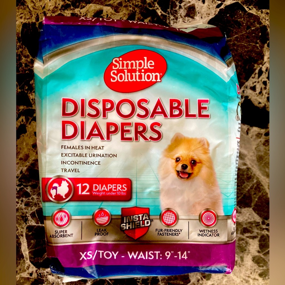 FEMALE DOG DIAPERS ~ XS/TOY, WAIST:9”-14” FOR IN HEAT, EXCITABLE URINATION- 12CT